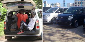 A collage image of Kenyans boarding a Probox (left) and Toyota Noah vehicles parked in Nairobi (right).