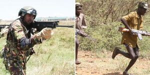 A photo collage of KDF officer in training (left) and suspected bandits (right).
