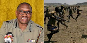 Photo collage of Inspector General of Police Japhet Koome (left) and suspected armed bandits.