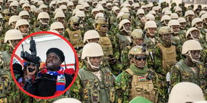 A contingent of Kenyan police attending a parade ahead of their deployment in Haiti and an insert of Haiti gang leader Jimmy Cherizier alias Barbecue 