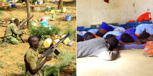 Police officers at the Kapindasum Primary School and students laying on the ground during the school attack on October 24, 2023.