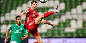 Bayern Munich's Robert Lewandowski in action, during the Bundesliga match between Werder Bremen and Bayern Munich, at Weser-Stadion, in Bremen, Germany, on June 16, 2020.