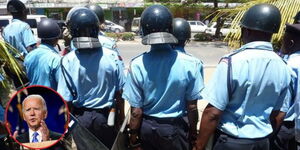 A photo collage of US President Joe Biden and Kenyan police officers arriving at Nairobi's Central Business District (CBD) to maintain law and order in March 2018