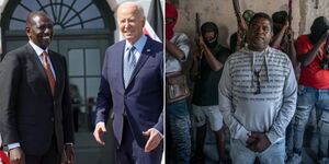 A photo collage of President William Ruto, US President Joe Biden and Haitian Gang Leader Jimmy Chérizier alias Barbeque. 