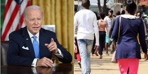 Photo collage of US President Joe Biden speaking on June 4, 2023 and Kenyans walking in Nairobi Central Business District