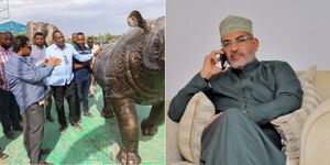 A photo collage of Mombasa Cement Managing Director Hasmukh Patel together with former President Uhuru Kenyatta at the Kibarani renovated park on July 9, 2019 (left) and Mombasa Governor Abdulswamad Nassir at his office on May 12, 2023 (right).