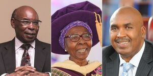 Royal Media Services (RMS) chairman SK Macharia, Riara Group of Schools founder  Prof Eddah Gachukia and Mount Kenya University (MKU) founder Prof Simon Gicharu.