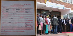 Photo collage of a sample birth certificate and people queueing at a government office in 2022