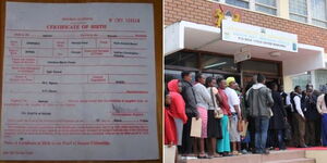 Photo collage of a birth certificate on a table and people lining up to access government services
