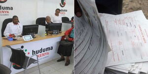 A photo collage of an Huduma Center (left) and a person ruffling through birth certificates (right).