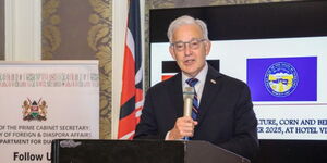 Nebraska Secretary of State Bob Evnen speaking during the Kenya-Nebraska Agriculture, Corn and Beef, Trade and Investment Conference at Villa Rosa Kempinski, September 2025.