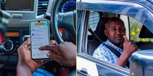 Bolt driver Allan Macharia in his car and his Bolt app side by side, June 2025.