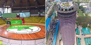 A photo collage of Bomas of Kenya pavilion (left) and and aerial view of KICC (right).