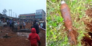 A side-by-side image of Kigumo, Murang'a county and an 84mm mortar bomb.