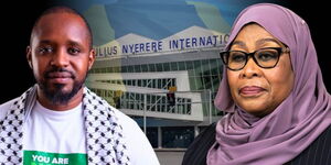 A photo collage of activist Boniface Mwangi and Tanzanian President Samia Suluhu and the Julius Nyerere International Airport, May 22, 2025