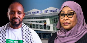 A photo collage of activist Boniface Mwangi and Tanzanian President Samia Suluhu and the Julius Nyerere International Airport, May 22, 2025.