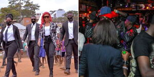 A photo of bouncers at an event in 2020 (left) and revellers at a club in Mombasa County.