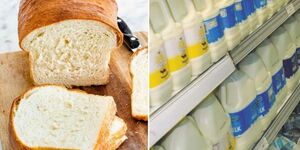 Collage photo of a loaf of bread alongside milk in a supermarket aisle in Kenya