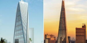 A photo collage of Britam Tower located in Upper Hill, Nairobi and the Shard located in Southwark, United Kingdom.