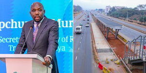 A photo collage of Transport CS Kipchumba Murkomen speaking at the Africa Climate Summit at KICC on September 4, 2023 (left and a photo of BRT station along Thika Road (right) 