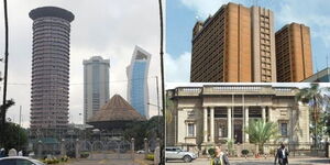 Some of the iconic buildings in Nairobi. KICC (left), Nyayo House (top right) and MacMillan Library (bottom Left).