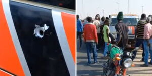 Photo collage of a bullet hole on a matatu and residents watching after an attack on a public service vehicle on Wednesday March 22, 2023