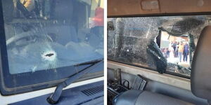 A collage photo of bullet holes on the windscreen and windows of Baringo County Commissioner vehicle shot at by bandits on February 12