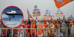 A collage of a political rally in India and a Bungoma man hanging on a chopper.