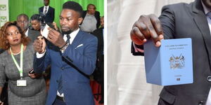 A photo collage of Muthiora Kariara (left) burning his voter's card on June 6, 2022, and a photo of someone holding a Kenyan passport.