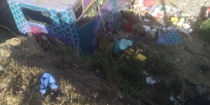 A wreckage of a bus that fell into a ditch along Nairobi-Naivasha Highway, on Sunday, February 26, 2023.