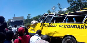 Wreckage of the school bus that was involved in the accident along the Kisumu-Homa Bay Road, near Kendu Bay on May 5, 2023..