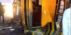 A photo of a bus which has overturned at the entrance of Nairobi Expressway in Mlolongo. 