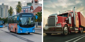 A photo collage of a BRT Bus (left) and a truck in transit (right)