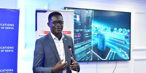 Communications Authority of Kenya (CA) Director-General Ezra Chiloba speaks to the media at the official launch of the Bootcamp and Hackathon Series on June 26, 2023. 