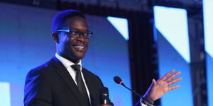 Communications Authority of Kenya (CA) Director-General Ezra Chiloba speaks to the media at the 6th edition of the Kuza Awards Gala Night on June 16, 2023. 