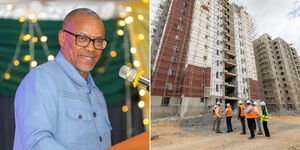 Lands Cabinet Secreatry Zachary Njeru speaking at a State event on July 20 2023 (left) and Affordable Houses under construction in Nairobi (right).