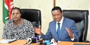 Cabinet Secretaries Peninah Malonza (EAC) and Alfred Mutua (Tourism) addressing the press