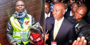 Calvin Ochieng at the Bomas of Kenya on June 04, 2022 (left) and President William Ruto and the boda rider during the Presidential Debate on July 26, 2022.