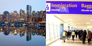 Photo collage of a town in Canada and travellers at the Jomo Kenyatta International Airport (JKIA)