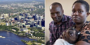 Photo collage between an aerial view of a town in Canada and David Kipkoech Keter during an interview with CBS on Wednesday May 17, 2023