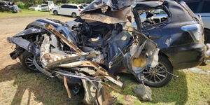 The wreckage of a car after a road accident along the Nairobi-Nakuru highway killing a British national.