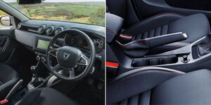 A photo collage of a car's interior (left) and a car handbrake (right)