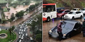 A photo collage of floods around Uhuru Park on February 2022 (left) and a motorist stuck on the road after flooding in Nairobi on March 2023 (right).