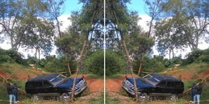 A collage image of a car belonging to Nairobi businessman abandoned in a ditch after he was killed on May 12, 2024