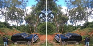 A collage image of a car belonging to Nairobi businessman abandoned in a ditch after he was killed on May 12, 2024