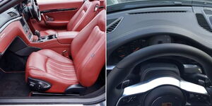 A photo of the interior of cars covered with leather. 