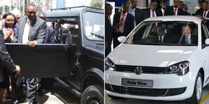 A collage image of President Uhuru Kenyatta launching the Mobius 2 (LEFT) and test driving the Volkswagen Polo Vivo in 2016 (RIGHT).