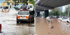 Cars driven through flooded waters in Nairobi City.