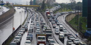 Cars in traffic on a rainy morning along Thika Super Highway on November 13, 2019.
