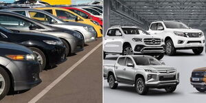 A photo collage of cars at a yard sale in Nairobi County on May 4, 2023 (left) and a graphic of pickups sold in Kenya (right).